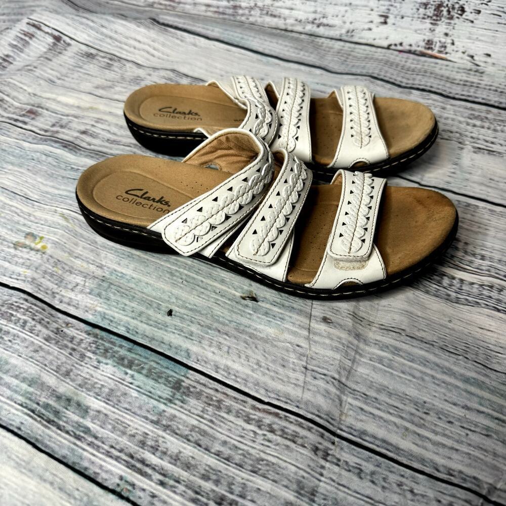 Clarks Leather White 4 Strap Hook & Loop Slide Sandals 7